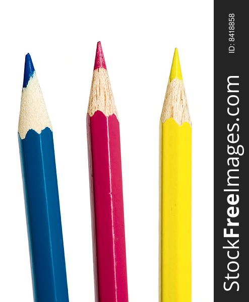 Cyan, magenta & yellow pencils isolated on white. May be used as abstract symbol of color separation in prepress. Cyan, magenta & yellow pencils isolated on white. May be used as abstract symbol of color separation in prepress.