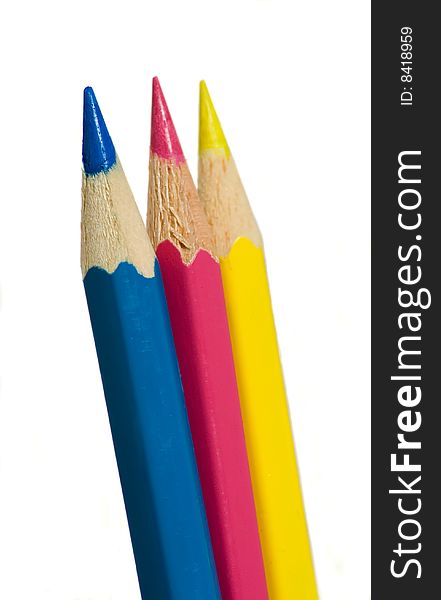 Cyan, magenta & yellow pencils isolated on white. May be used as abstract symbol of color separation in prepress. Cyan, magenta & yellow pencils isolated on white. May be used as abstract symbol of color separation in prepress.