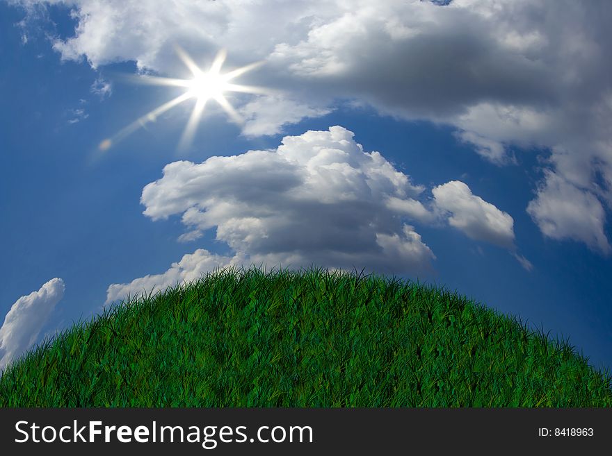 Fresh green grass on bright blue sunny sky background