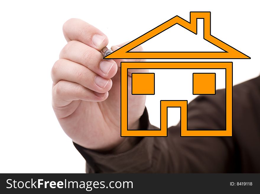 Man drawing a house isolated on a white background with space for text