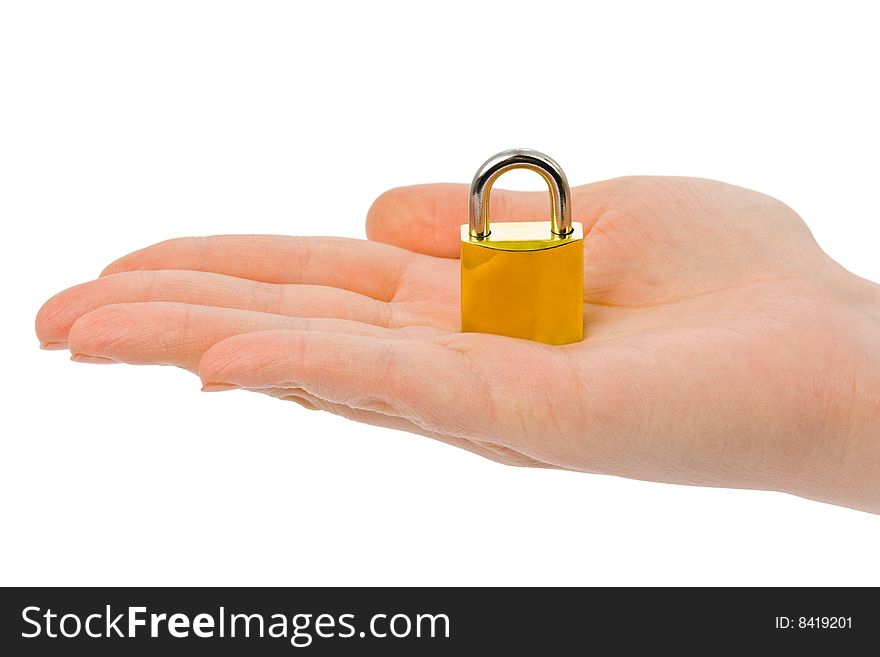 Hand and lock isolated on white background