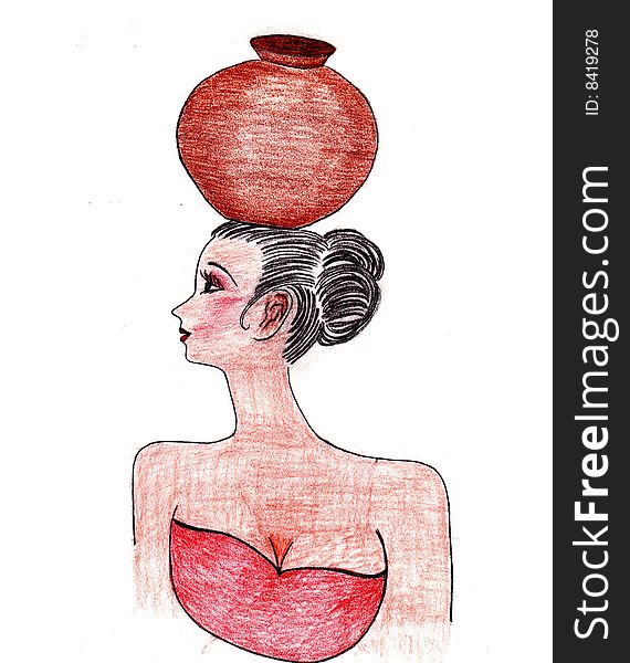 Woman illustration with a kind of earthenware on her head