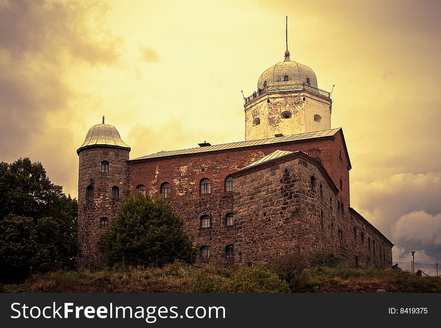 Old Swedish fortress at Wiborg city, shooted with dramatically sunlight over the clouds