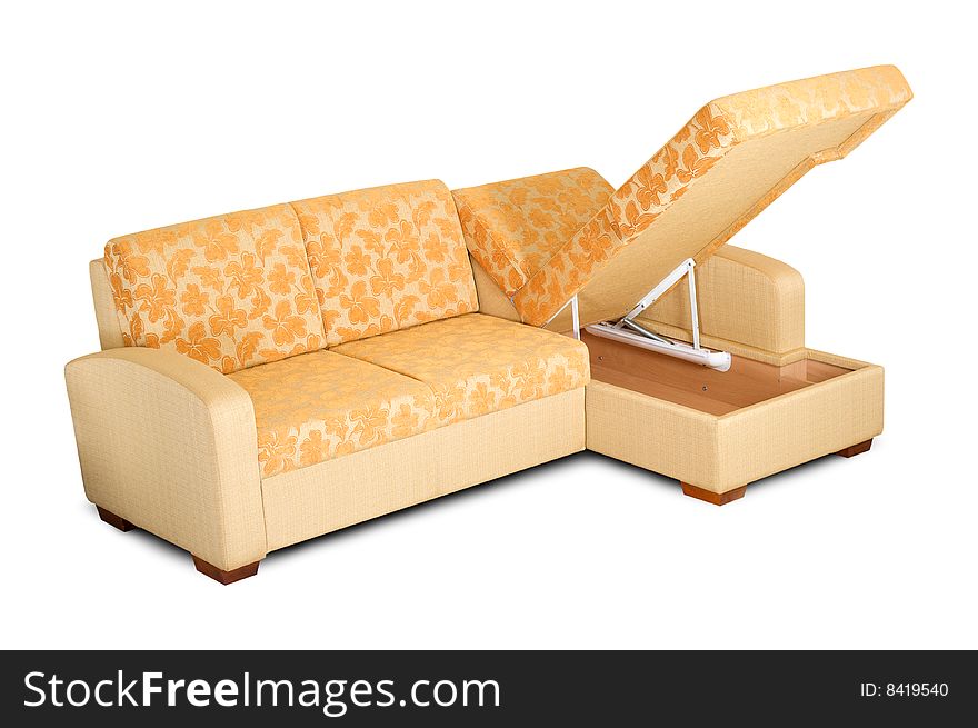 Yellow sofa with an open box