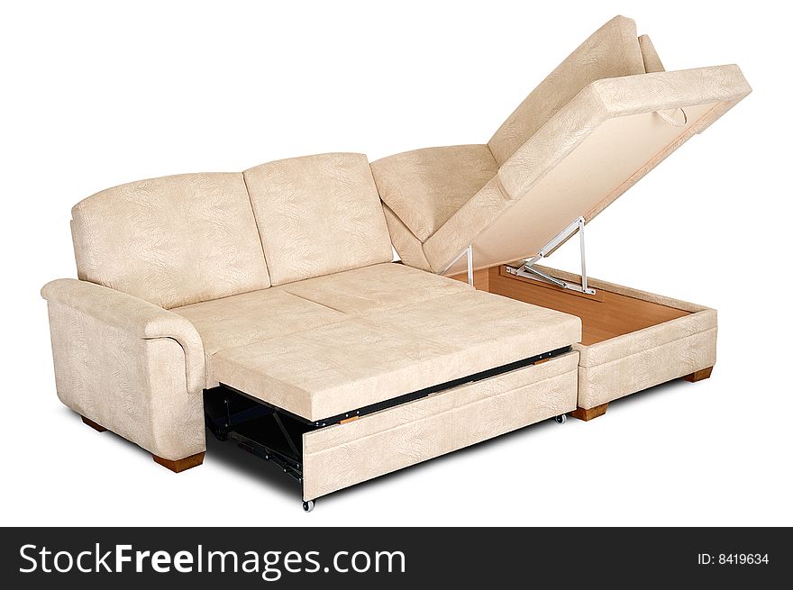 Open bright sofa with an open box isolated on a white background.