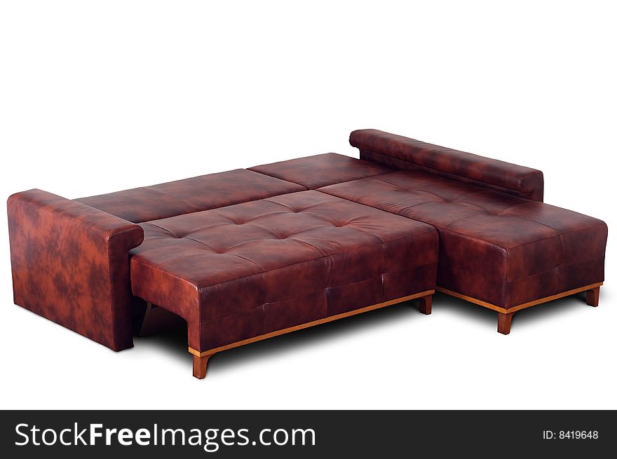 Open brown leather sofa isolated on a white background.