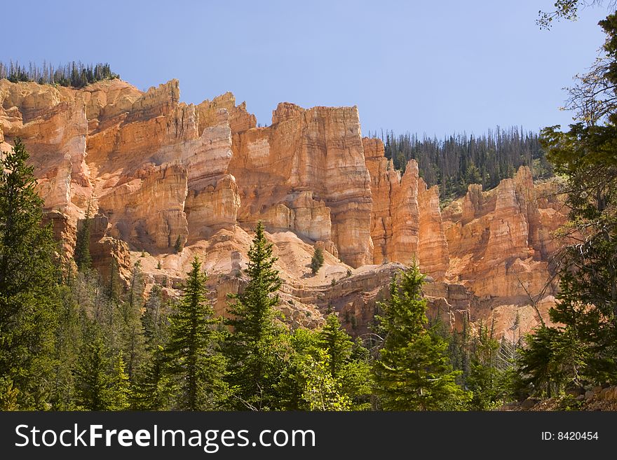 Sun lit eroded cliffs of Bryce Canyon, Utah