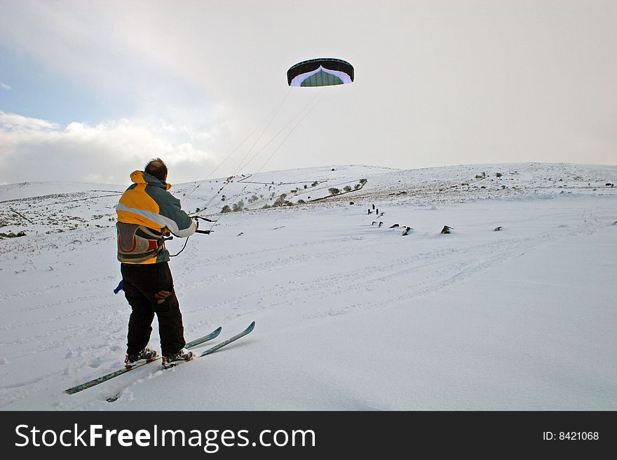 Kite skiing on snow on Dartmoor