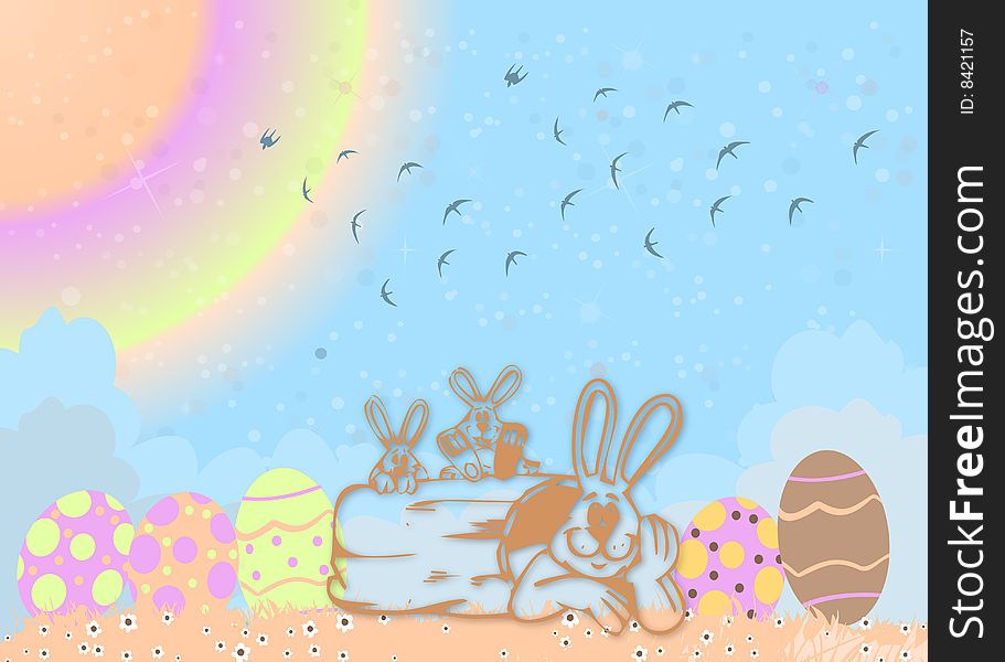 Easter illustration with bunnies and eggs in nature on colorful background. Easter illustration with bunnies and eggs in nature on colorful background