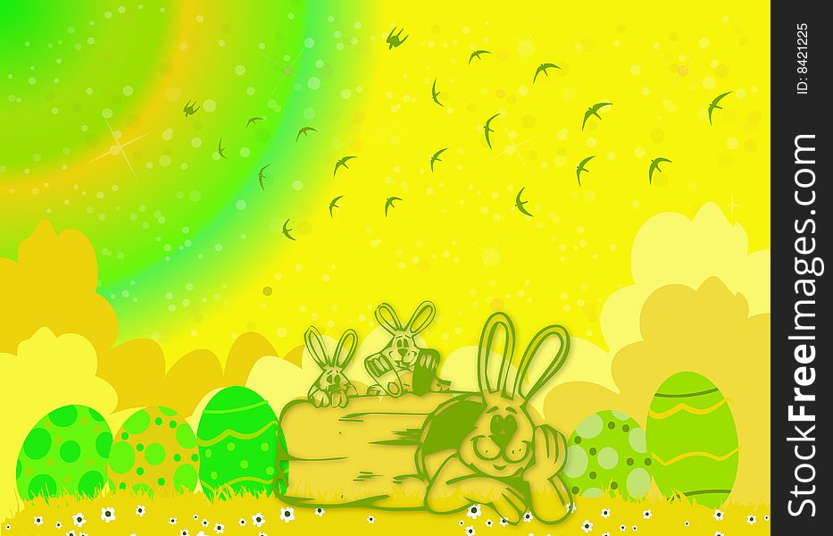 Easter illustration with bunnies and eggs in nature on colorful background. Easter illustration with bunnies and eggs in nature on colorful background