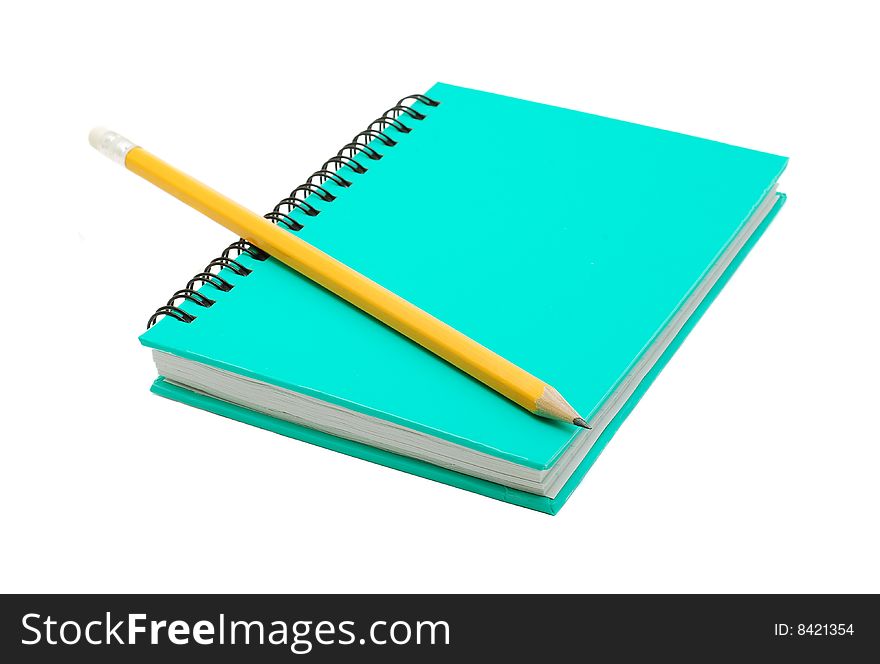 Notebook with yellow pencil over white. Notebook with yellow pencil over white