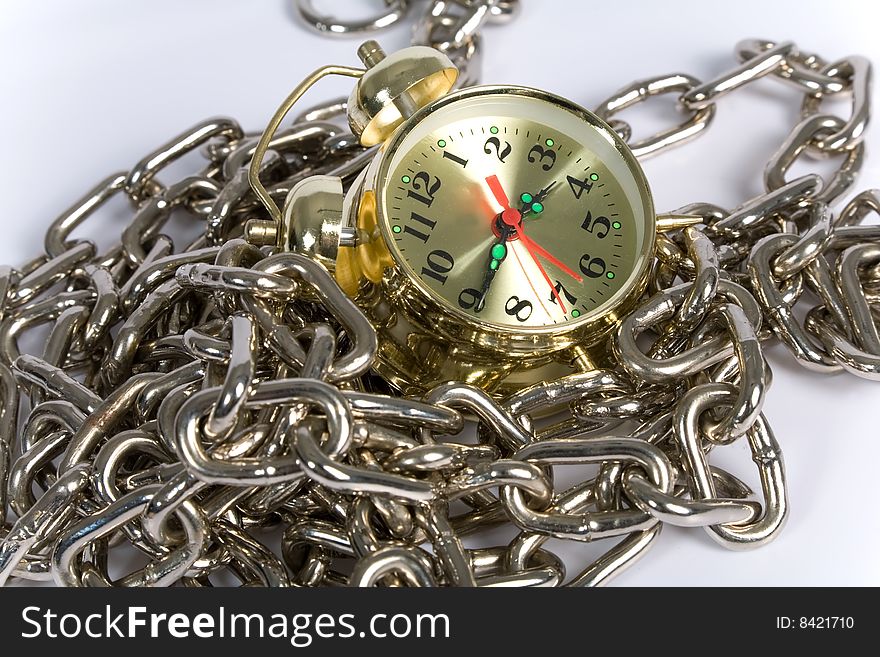 Clock with chain on white background