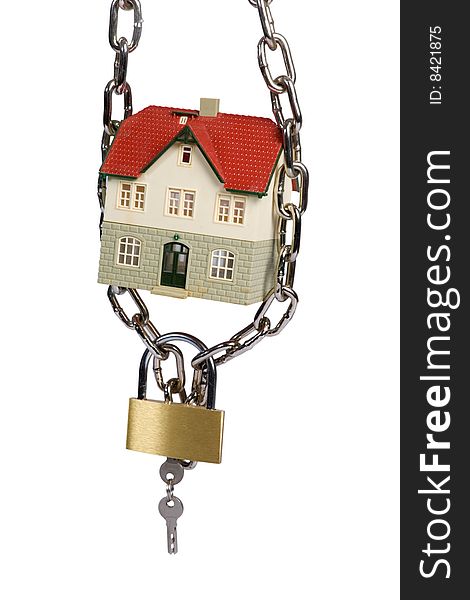 House  locked with padlock on white background