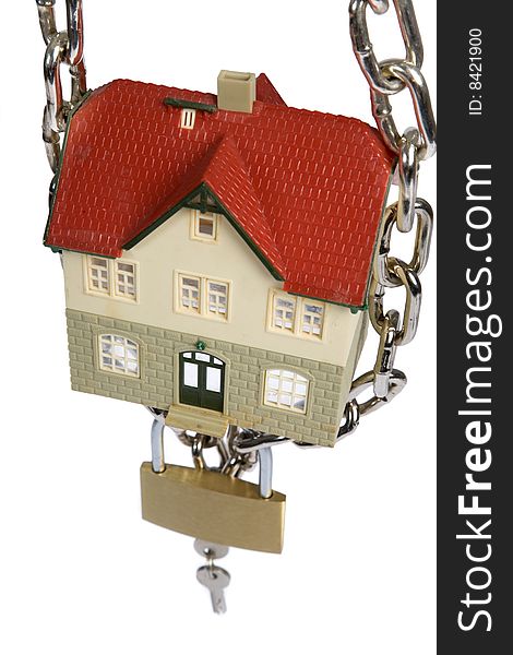 House  locked with padlock on white background