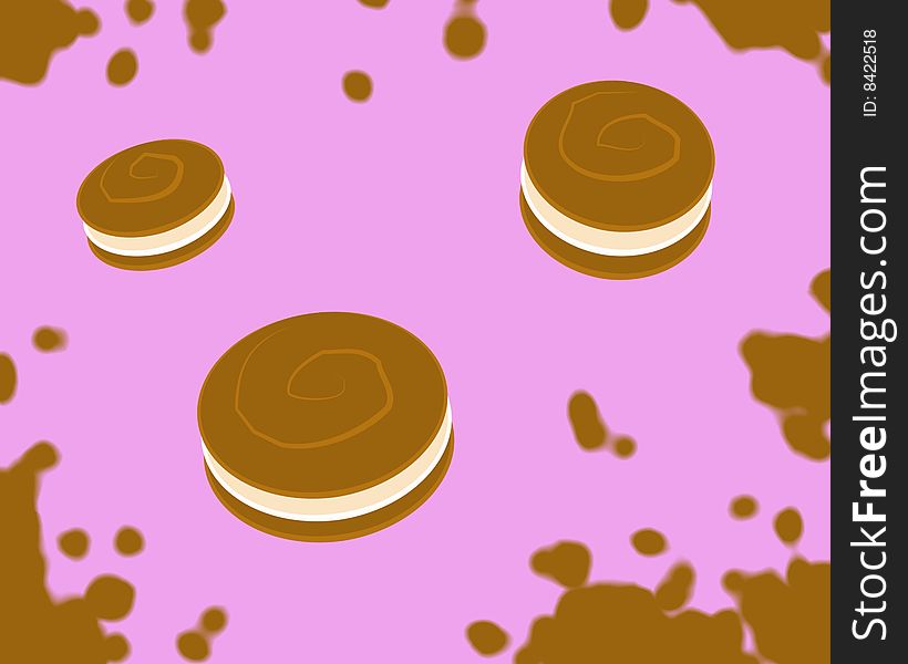 Three chocolate cookies stuffed with cream jumping into the chocolate on a pink background. Digital drawing. Coloured Picture. Three chocolate cookies stuffed with cream jumping into the chocolate on a pink background. Digital drawing. Coloured Picture.