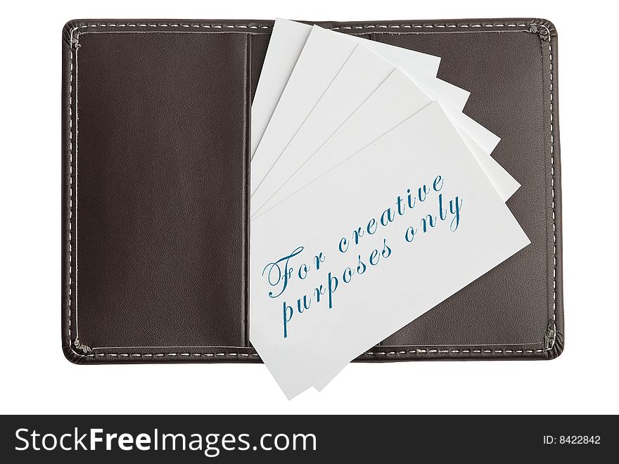 Sample business cards in open stitched leather card holder isolated on white background. Sample business cards in open stitched leather card holder isolated on white background