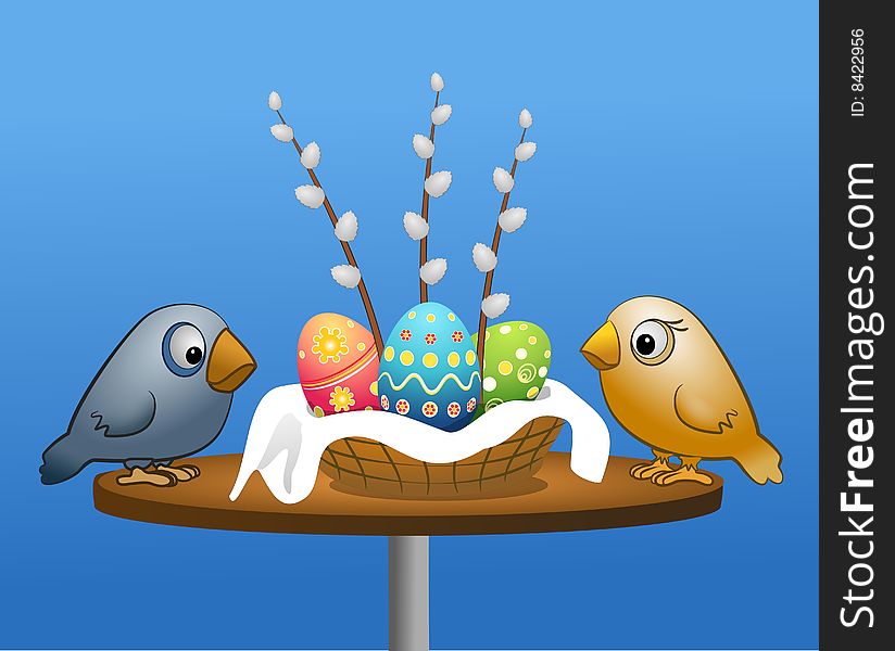 Illustration of a birds with easter eggs. Illustration of a birds with easter eggs