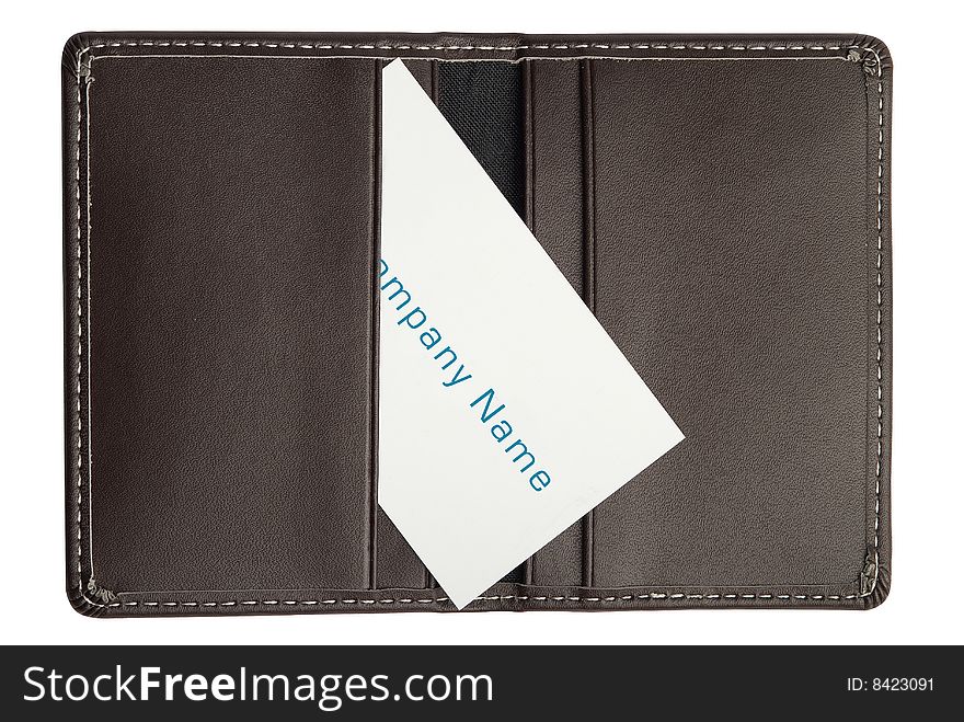 Single business card in seamed leather holder isolated on white background. Single business card in seamed leather holder isolated on white background