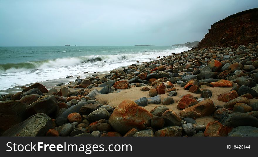 Rocky beach near Trezien (France) before storm. Rocky beach near Trezien (France) before storm