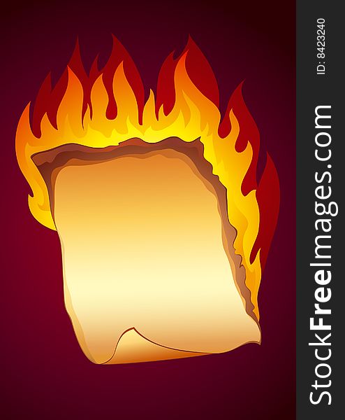 Old paper sheet with turned corner burning on dark background. Fully editable vector. Old paper sheet with turned corner burning on dark background. Fully editable vector.