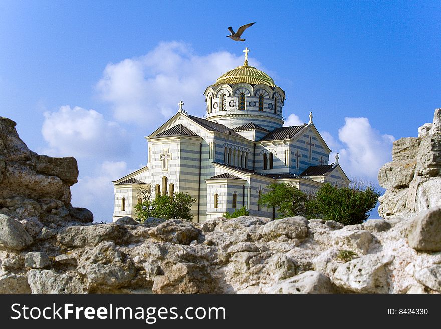 The Vladimir cathedral in Sevastopol against the blue sky with clouds