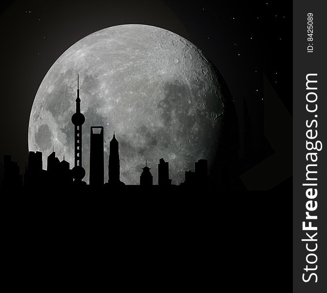 Vectored illustration as silhouette of the chinese city of shanghai, by borders of the skyline and full moon as background. Vectored illustration as silhouette of the chinese city of shanghai, by borders of the skyline and full moon as background