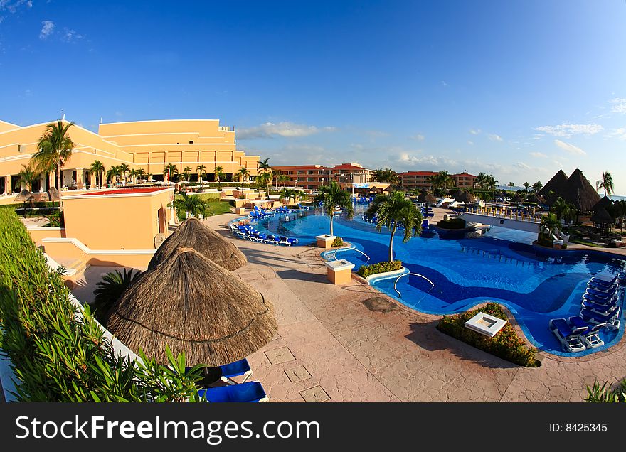 A luxury all inclusive beach resort at night in Cancun Mexico. A luxury all inclusive beach resort at night in Cancun Mexico