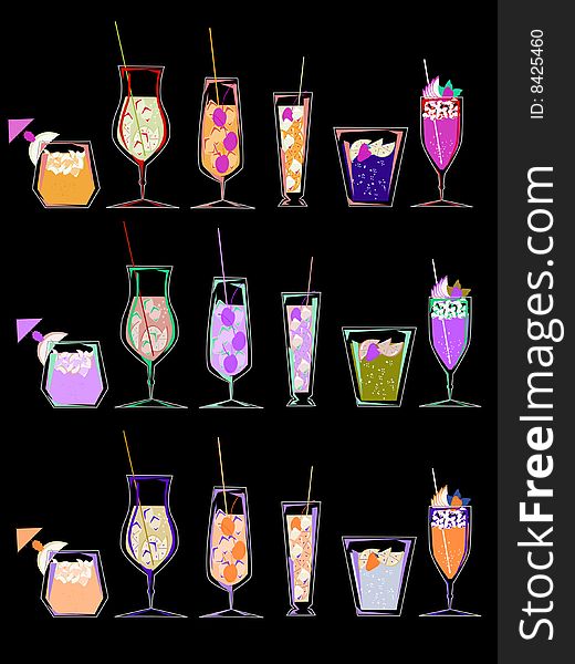 A collection of 3 different color combination cocktails. A collection of 3 different color combination cocktails
