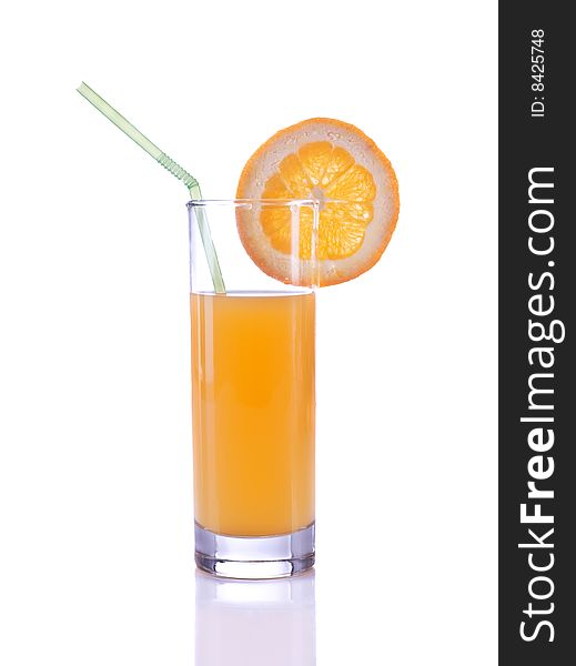 Orange juice with slice on glass isolated on white background.