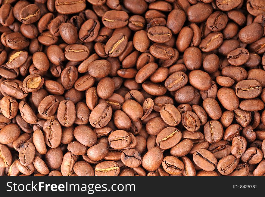 Many brown coffee grains background