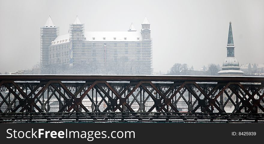 Bratislava castle behind the bratislava Old bridge.