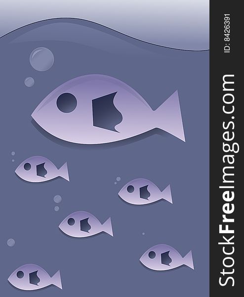 Illustration of underwater fishes. Blue, gray, violet colors. Fishes looks lifeless. Some fishes deep in the water and some closer to the surface. Ðžne fish big and other small. Each fish is breathing. Visible bubbles.