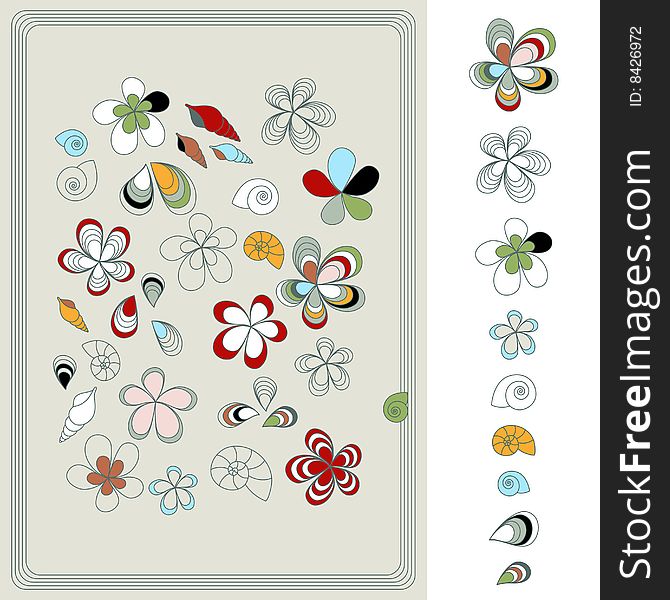 Design with flowers and shells drawing. Design with flowers and shells drawing