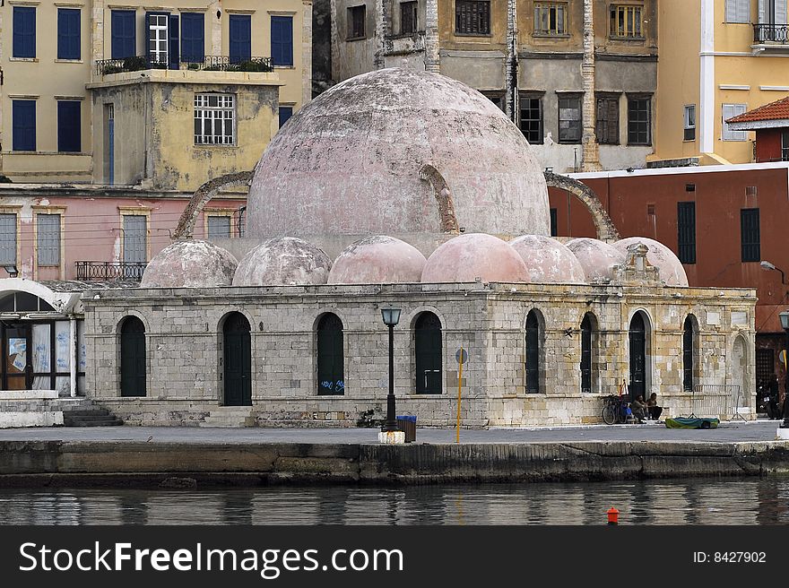 Old mosque in the old harbour, chania, crete. Old mosque in the old harbour, chania, crete