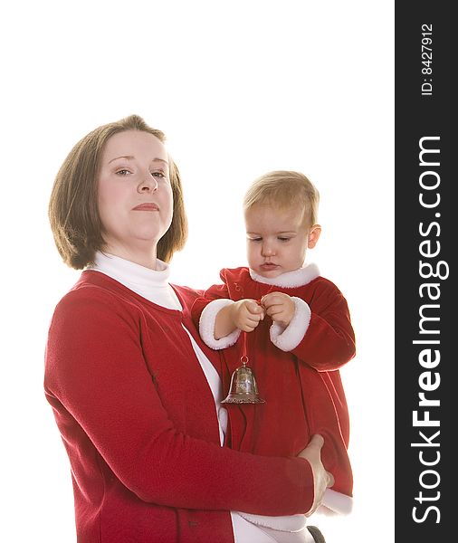 A woman and baby wearing red on a white background. A woman and baby wearing red on a white background
