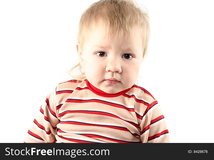 Little blond boy isolated on white background