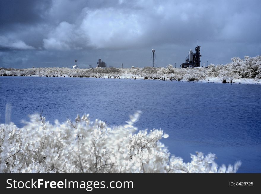 Infrared Shot of the space shuttle launch pad with wetlands in foreground