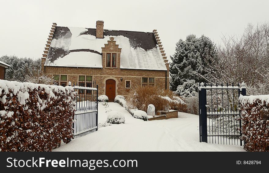 Winter landscape with snowed house firtst snow of the year. Winter landscape with snowed house firtst snow of the year