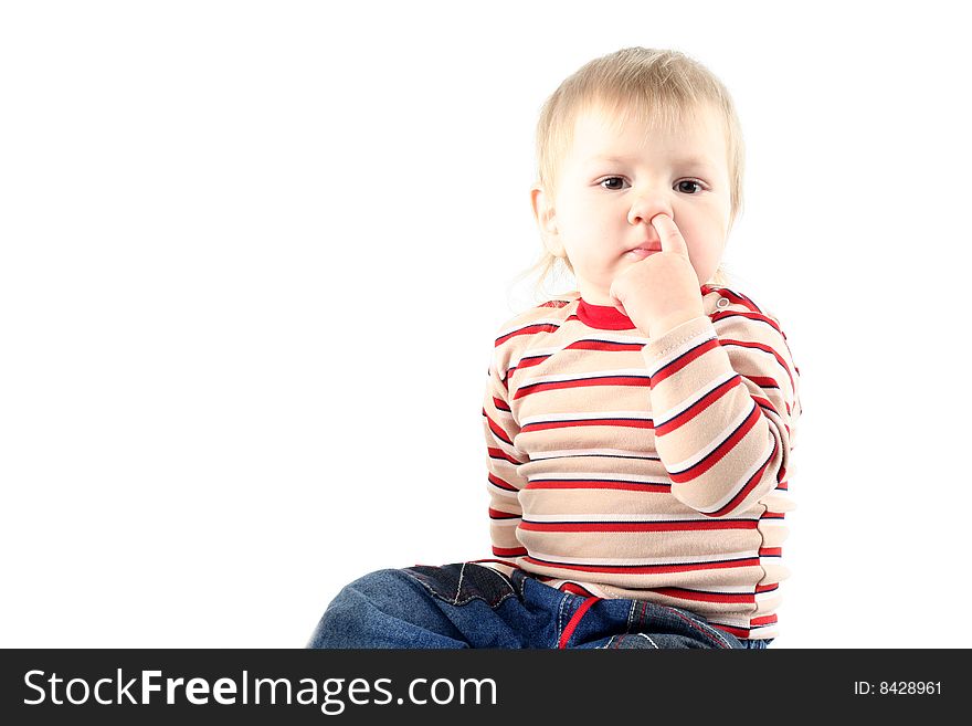 Little blond boy isolated on white background