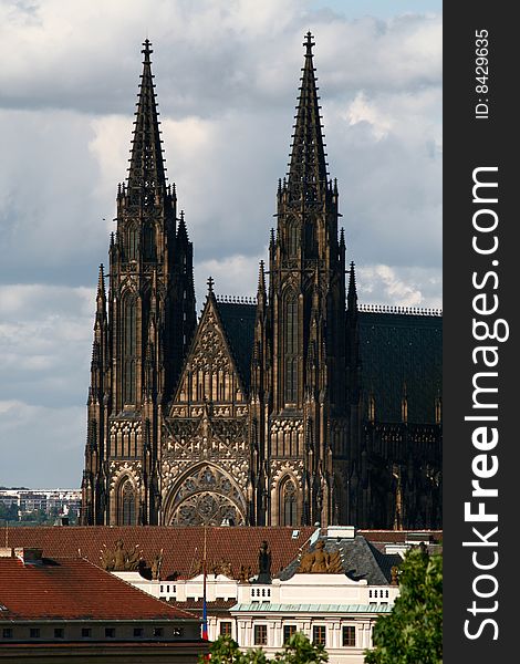 The Prague castle roofs with st. Vitus cathedral. Czech republic.