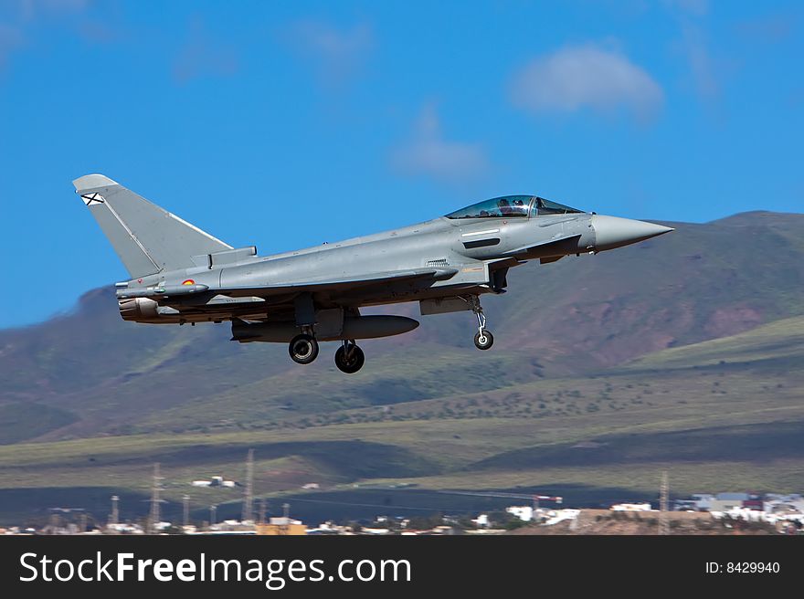 Eurofighter Typhoon with landing gear down ready for land. Eurofighter Typhoon with landing gear down ready for land