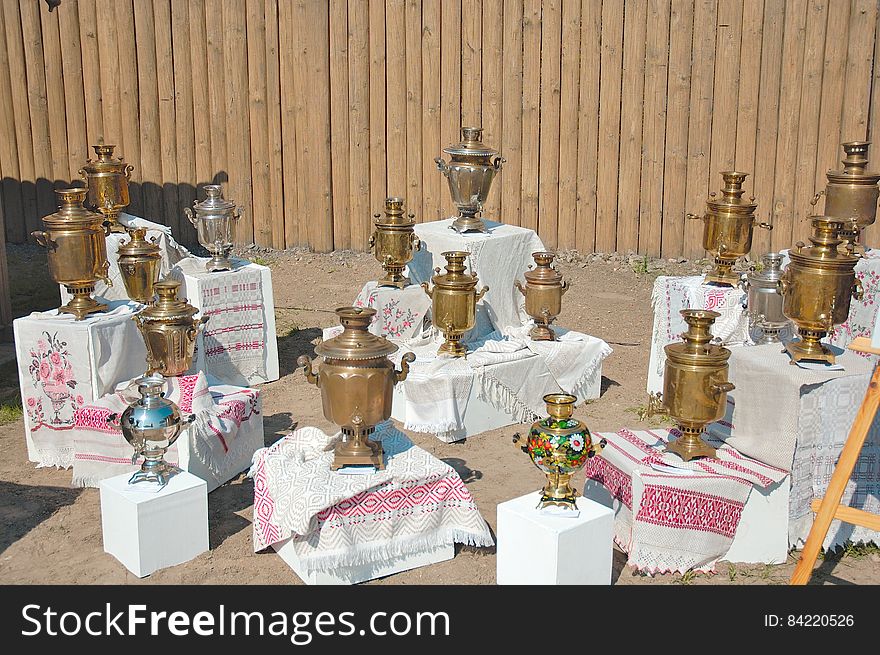 Exhibition of samovars under the open sky. Folk art of Belarus.