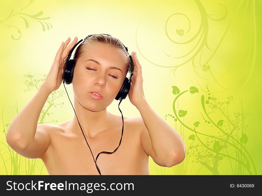 Portrait of happiness young women with beautiful face in headphones and listening music on white. Portrait of happiness young women with beautiful face in headphones and listening music on white