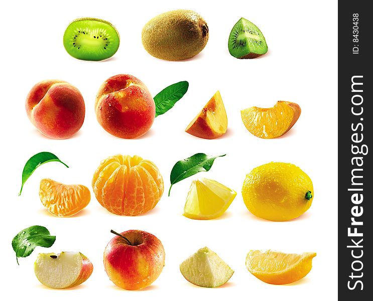 Colorful fresh fruits on white background with shadows.