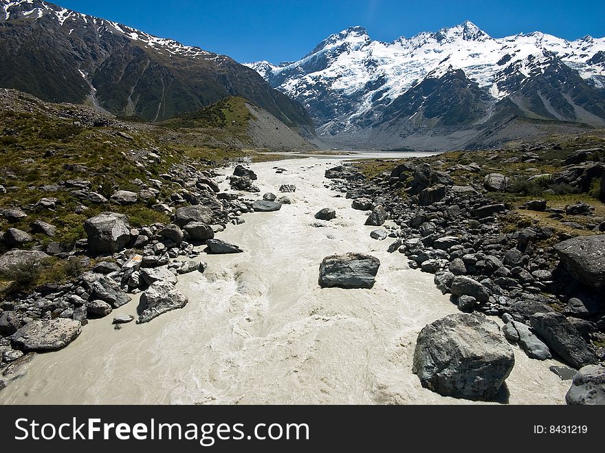 River running down a valley in theMount Cook range in New Zealand. River running down a valley in theMount Cook range in New Zealand