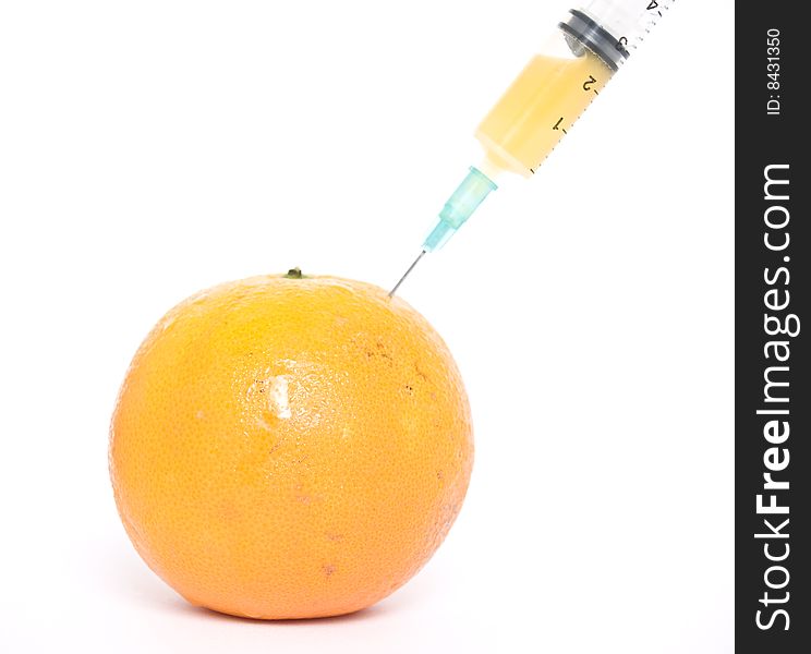 Orange with syringe
isolated on a white background