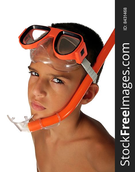 Boy wearing snorkeling goggles and snorkel mouthpieces. Boy wearing snorkeling goggles and snorkel mouthpieces