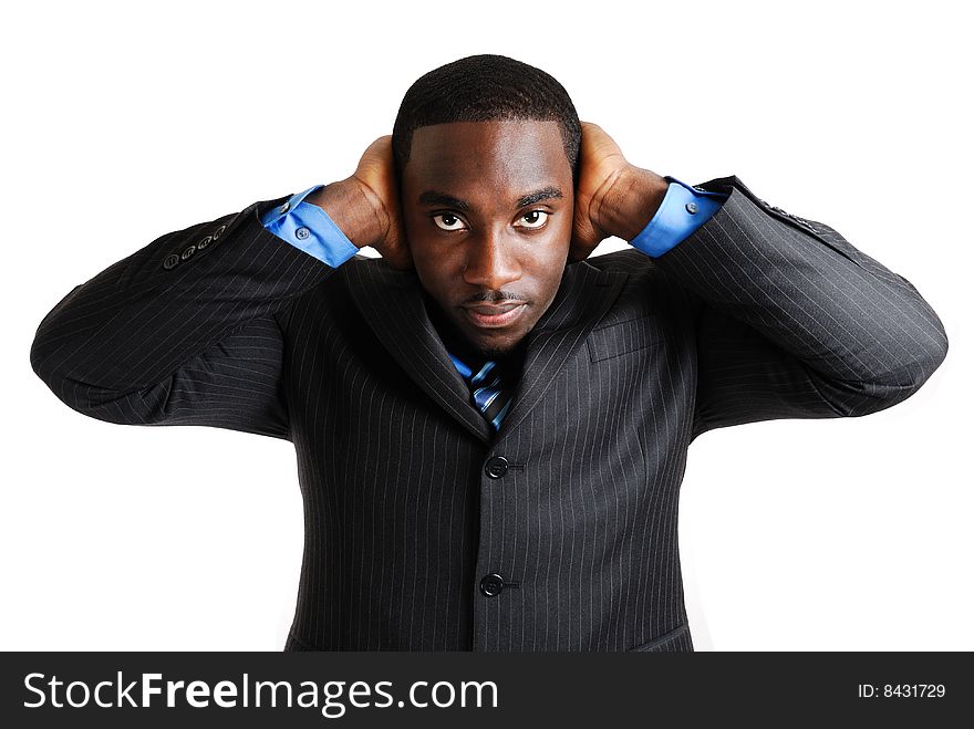 This is an image of business man with his hands on his ears, to signify deaf. This is an image of business man with his hands on his ears, to signify deaf.