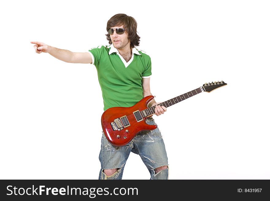 Guitarist with glasses playing his electric guitar. Guitarist with glasses playing his electric guitar