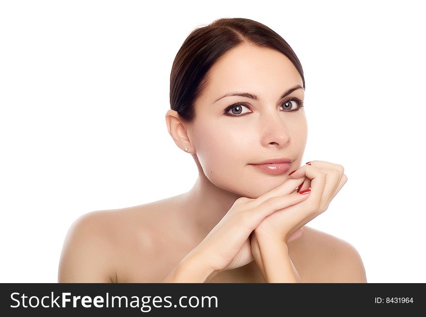 Girl looking at camera on white background